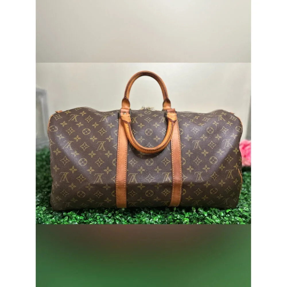 Louis Vuitton Keepall 50 Monogram Travel Bag w/ Luggage Tag, Handle Band & Strap